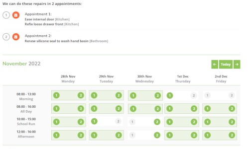 Repairs calander and appointment bookings
